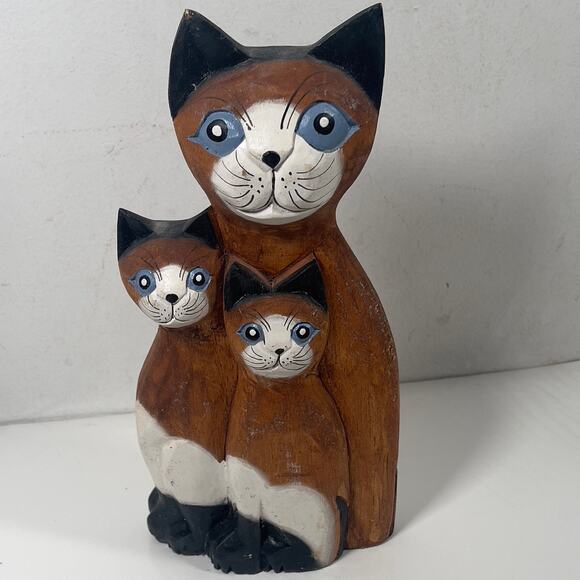 Hand carved Wooden Cats Standing Staring Together Folk Art Piece - Picture 16 of 16